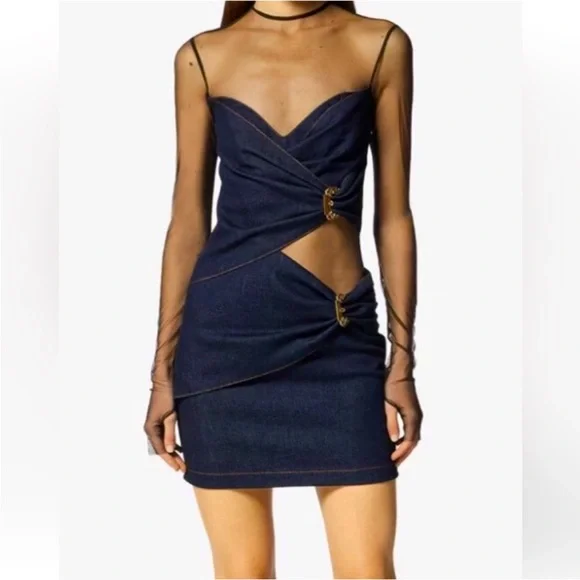 Versace denim stretch mesh black dress 8/10